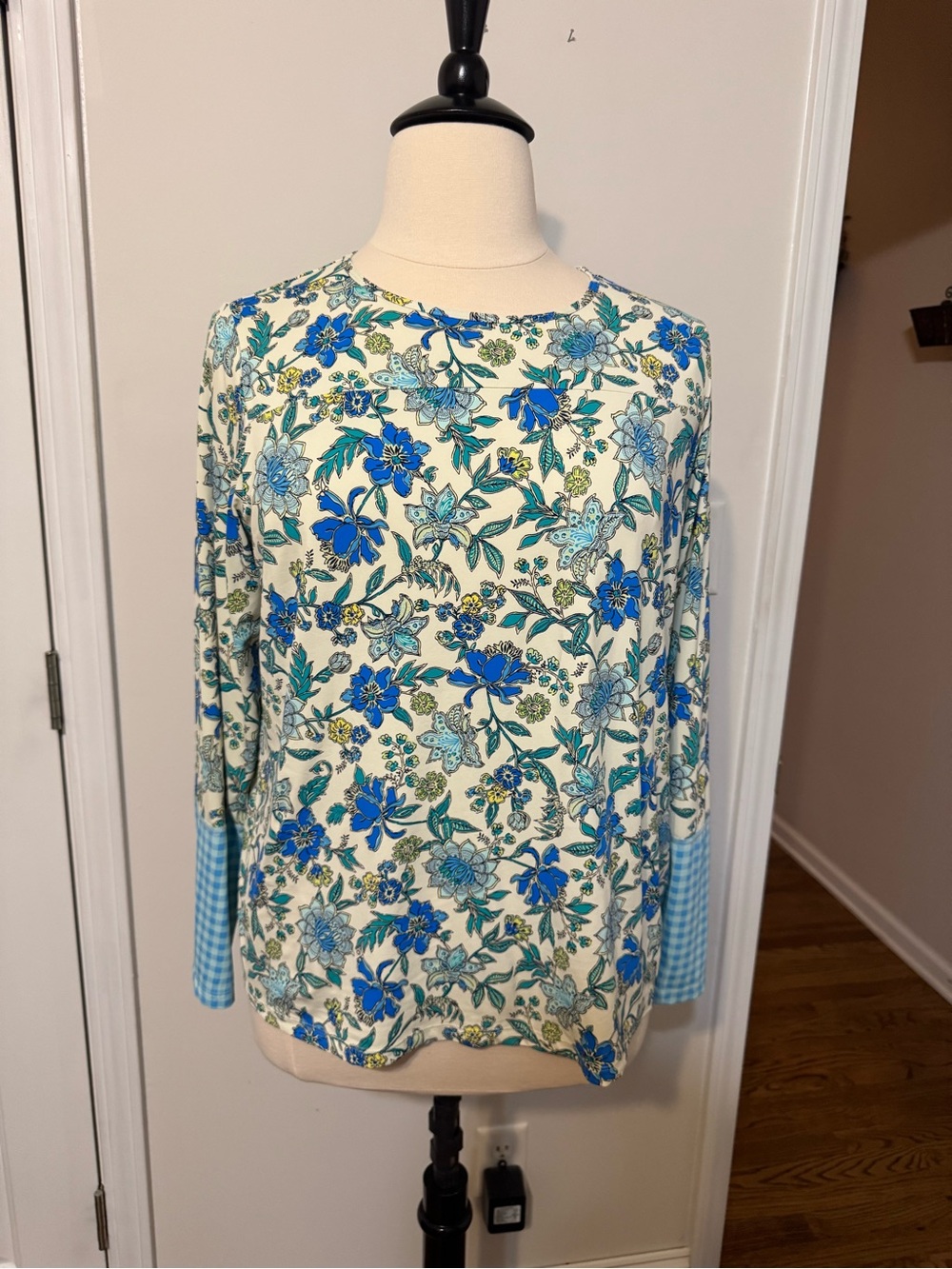 Lands' End Cream Top with Blue Floral Print
